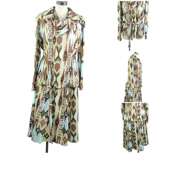 Vintage Ensemble women sz 18 mint brown green Dress Blouse and Pullover skirt - Picture 2 of 11